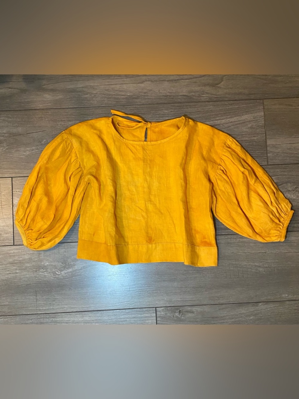 EUC SMALL SHOP HAND DYED Yellow 100% Linen Puff-Sleeve Keyhole Back Cropped Top